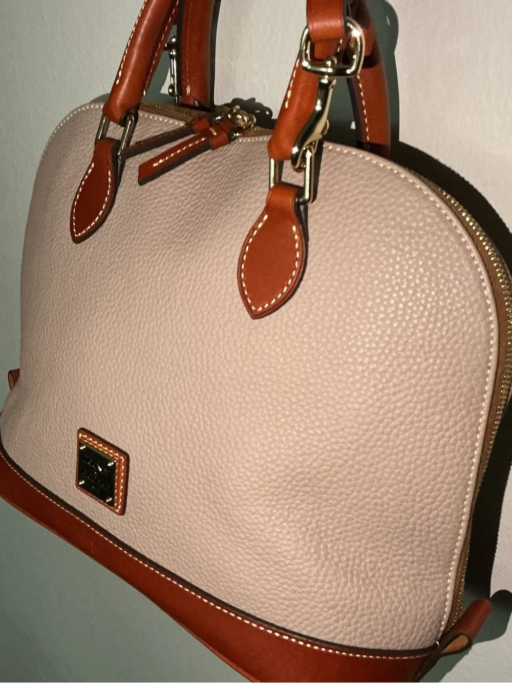 Dooney & Bourke Pebble Grain Zip Zip Dome Satchel - Oyster with British Tan Trim